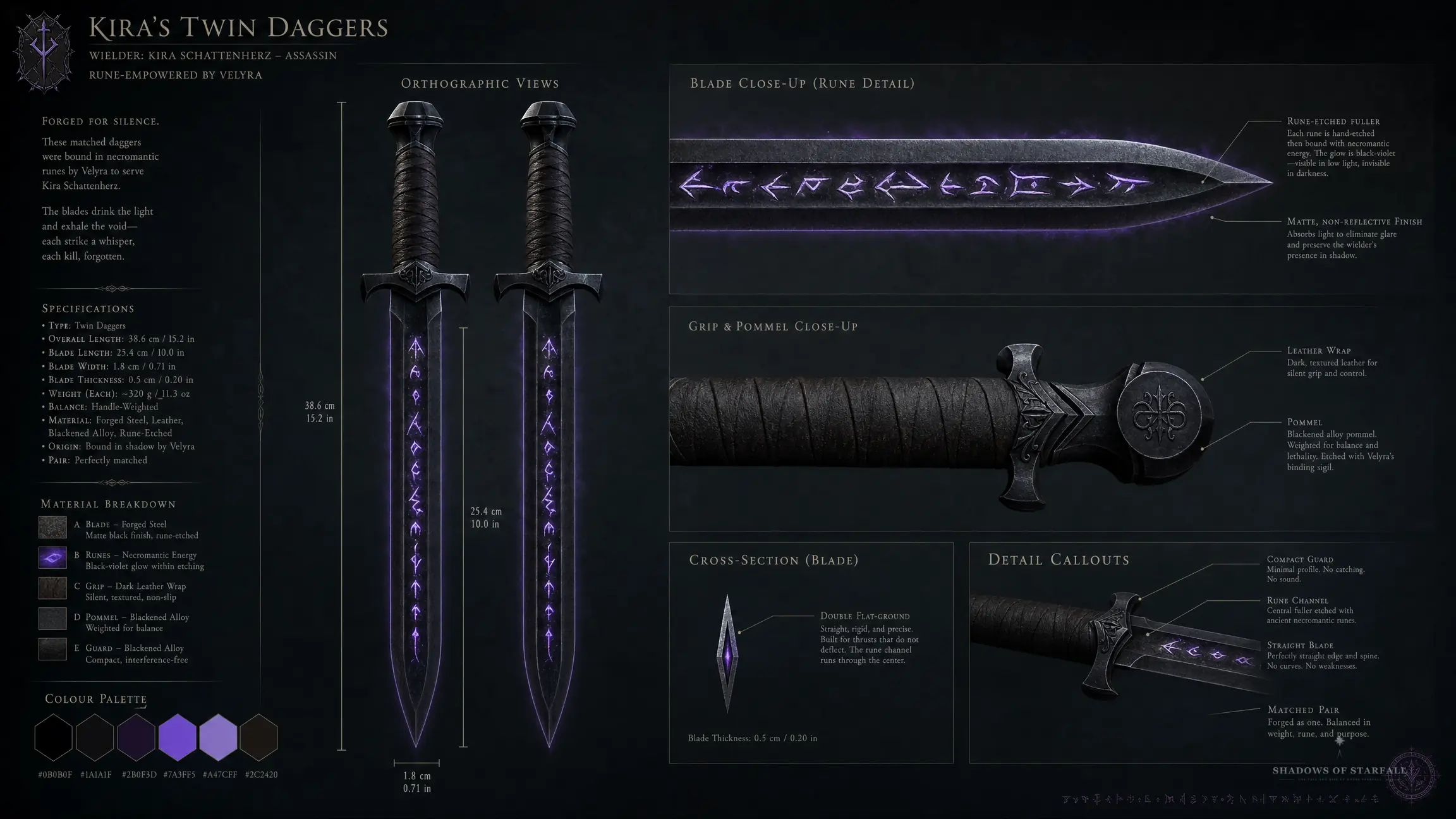 Design-Sheet des Artefakts Kiras Twin Daggers