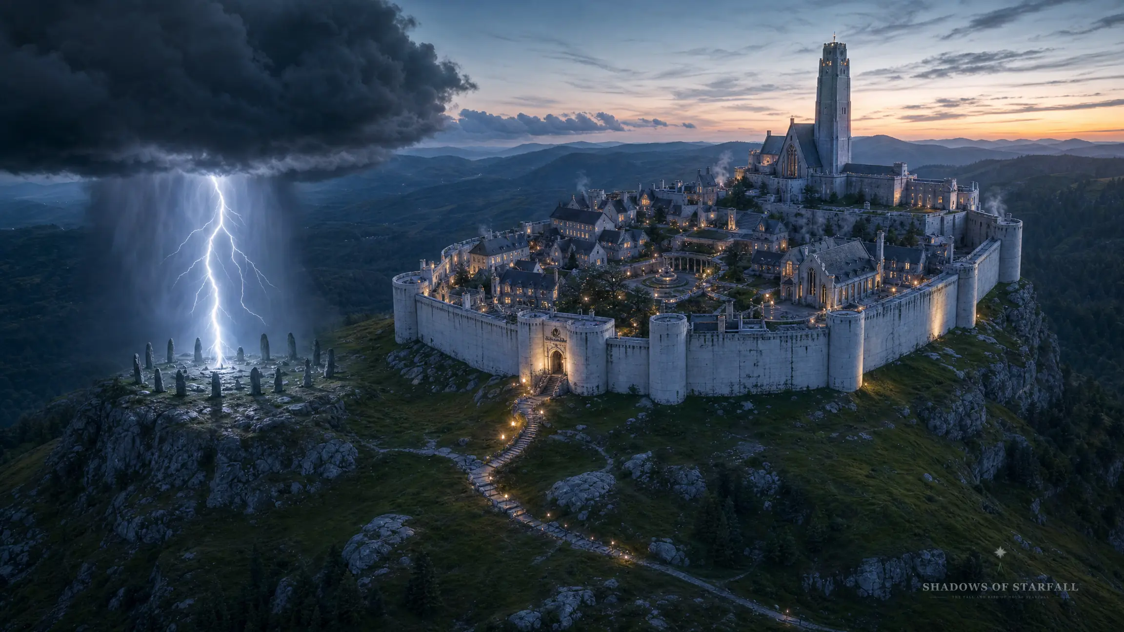 Die Burg Elen-Garth auf dem Waldrand-Hügel im Mondlicht